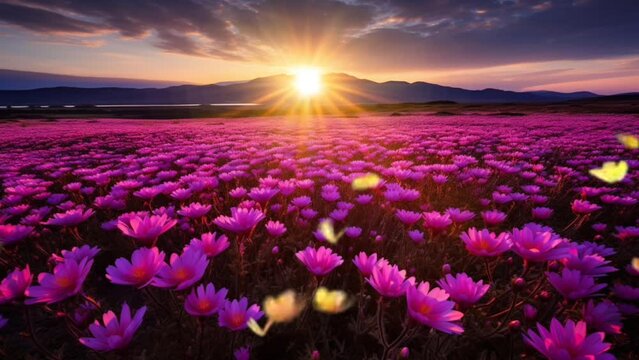 Sunset landscape in a flower field during summer or spring. Seamless looping video background animation. Generated with AI