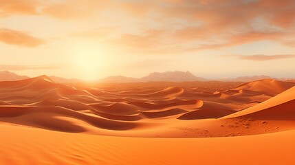 A vast, undulating desert landscape with sand dunes stretching as far as the eye can see under the golden glow of the setting sun in full ultra HD
