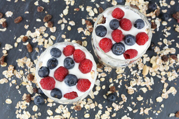 Muesli with raspberries and blueberries