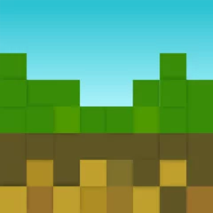 Fototapeten Large multi-layered pixelated green background skyline made of cubes in different shades of green and blue sky. Modern game background. Green squares blue skyline background for banner  © Stilesta
