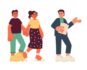 Clients real-estate agent showing house cartoon flat illustration. Latin american couple buying home 2D characters isolated on white background. Diverse buyers broker realty scene vector color image