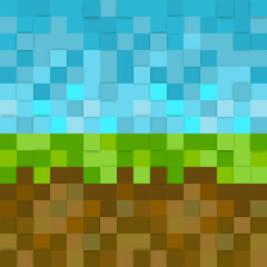 Large multi-layered pixelated green background skyline made of cubes in different shades of green and blue sky. Modern game background. Green squares background for banner