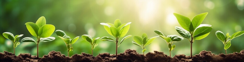 Coffee bean seedlings. Young sprout.  nature background. Growth trees concept . Ecology concept. Panorama small tree growing with sunrise. Green world and earth day concept