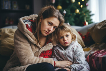 Sad Christmas in poor family. Mother hugs her kid, wants to comfort and cheer up because of sad and cold Christmas holidays. Solitude, poverty, sorrow, loss, grief, divorce, illness, family problems - obrazy, fototapety, plakaty