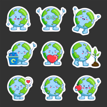 Funny Earth planet cartoon character. Sticker Bookmark. Cute kawaii globe with different face expression. Hand drawn style. Vector drawing. Collection of design elements.