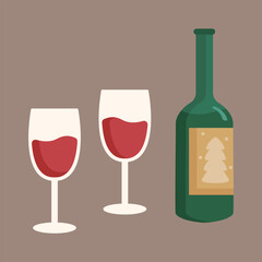 Wine and glass vector illustration. Christmas dinner or Thanksgiving decoration elements. Bottle and glass of red wine. Alcoholic beverages.