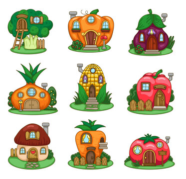 Fairytale vegetables house. Food with doors and windows. Fantasy home. Hand drawn style. Vector drawing. Collection of design elements.