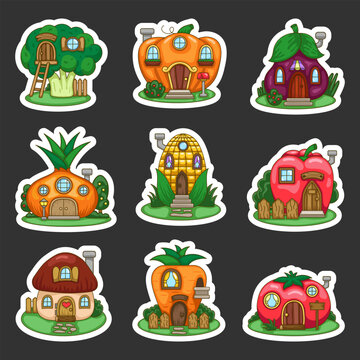 Fairytale vegetables house. Sticker Bookmark. Food with doors and windows. Fantasy home. Hand drawn style. Vector drawing. Collection of design elements.