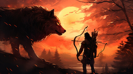 Hunter with a bow facing a giant wolf