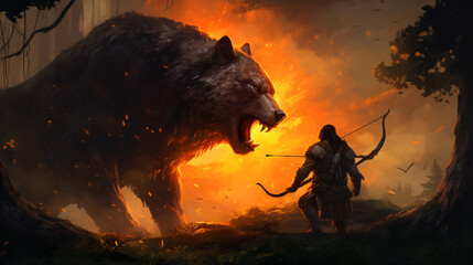Hunter with a bow facing a giant wolf