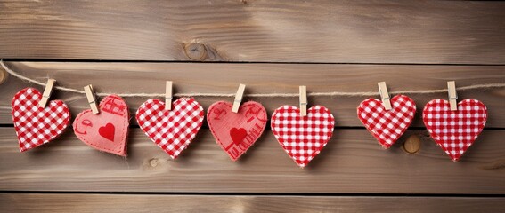 Obraz premium Valentine's day background with hearts and clothespins on wooden wall