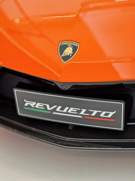 Italy, Sant`Agata Bolognese- November 2023-  New  Supercar Lamborghini Revuelto. Most Powerful  plug-in hybrid sports ca