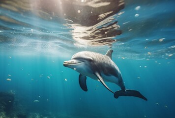 a dolphin swimming under the ocean, medium format lens, brown and aquamarine, 