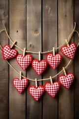 Obraz premium Valentine's day background with hearts and clothespins on wooden wall