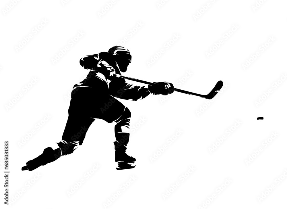 Wall mural Hockey player shooting puck, isolated vector silhouette, side view. Ice hockey team sport