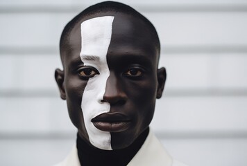 a man with a black face and white facial markings, split toning, multicultural, urban interventions