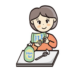 詰め替え用のシャンプーやボディソープ類を本体に詰め替える女性のイラスト