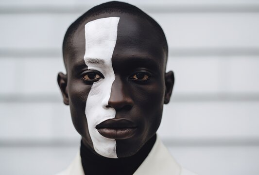a man with a black face and white facial markings, split toning, multicultural, urban interventions