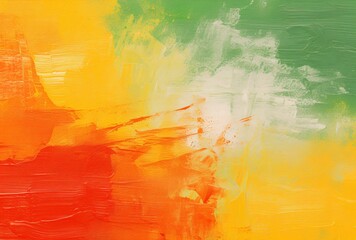 a red, yellow, and green abstract background with an orange tinge, canvas texture emphasis