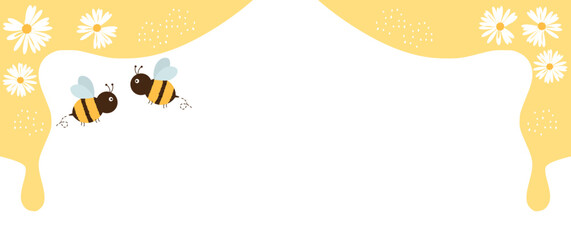 Honey sign with daisy flower and bee cartoon on white background.