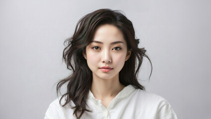 Ritratto di una bellissima ragazza di origini asiatiche senza trucco su sfondo neutro, naturale, colori neutri