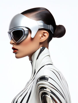 Partying woman portrait with futuristic style. Isolated white background. Generative AI