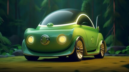 Create a caricature of an electric car, playfully exaggerating its eco-friendly characteristics.