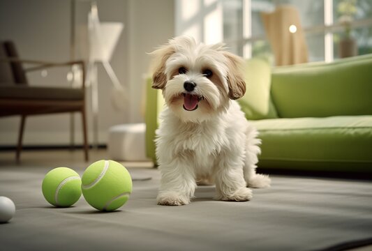 a small dog playing with a green ball in a living room, happycore, highly polished surfaces, light yellow and light white