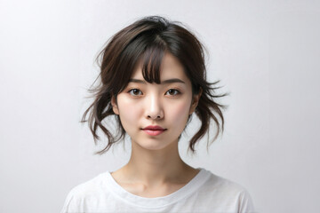 Fototapeta premium Ritratto di una bellissima ragazza di origini asiatiche senza trucco su sfondo neutro, naturale, colori neutri