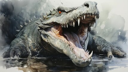 Watercolor illustration of a crocodile with an open mouth