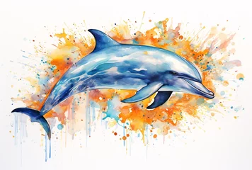 Schilderijen op glas a watercolor painting of a dolphin splashed with blue coloring, dark orange and light aquamarine, perceptive, shaped canvas © IgnacioJulian