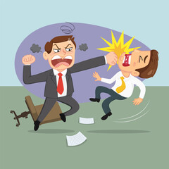 Bad angry boss punching employee in office. boss and employee have conflict,illustration vector eps10 cartoon. 