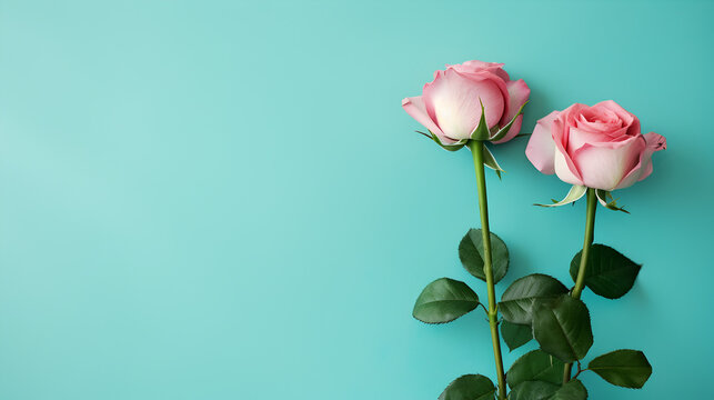 pink roses on a green background  for copy space, Floral Elegance: Love Card,  Pattern Infused with Valentine's Romance. 	love concept with copy space. Love Card: A Declaration of Love and Affection 