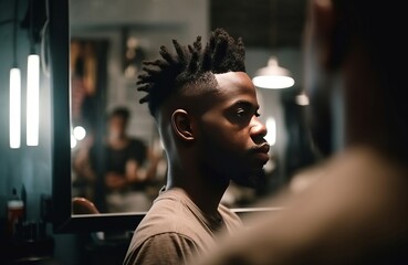Black man barbershop. Man came sophistication newfangled and interesting haircut. Generate AI