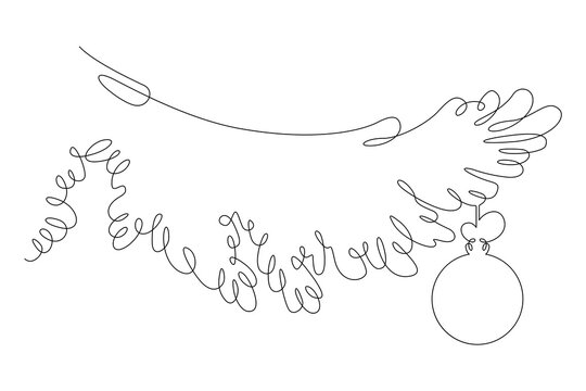 Christmas tree branch. Ball decoration on the Christmas tree. Christmas decoration.New Year's ball. One continuous line drawing. Linear. Hand drawn, white background. One line.