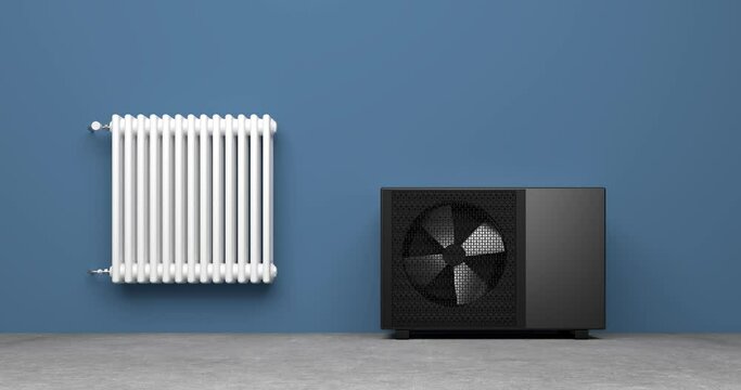 rotating fan of a heat pump energy with radiator as a heater and alternative energy - 3D Animation 4k 60 fps DCI seamless loop 