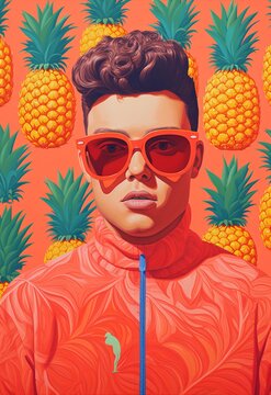 an artwork of a man in an orange jumper and a red pineapple shirt, bold graphic patterns, dreamlike illustration, calarts