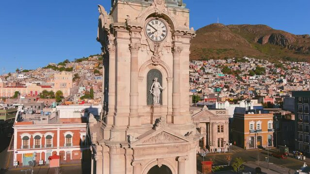 Mexico, Pachuca: Aerial view of capital city of Mexican state of Hidalgo at sunrise, Monumental Clock (Reloj Monumental de Pachuca) - landscape panorama of Latin America from above
