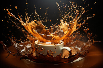 Coffee cup with splash, coffee beans background