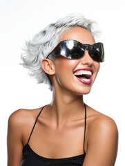 Fototapeta premium Partying woman portrait with Las Vegas style. Isolated white background. Generative AI