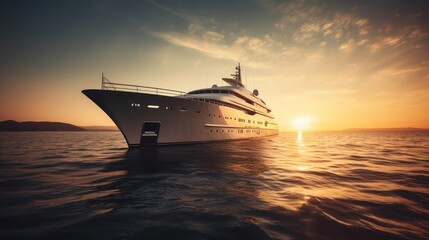 Big cruise liner sailing on a sunny evening with calm water. Giant cruise ship at sunset sailing through the sea with a cloudy orange sky on the background, Large luxury cruise ship in open sea water,