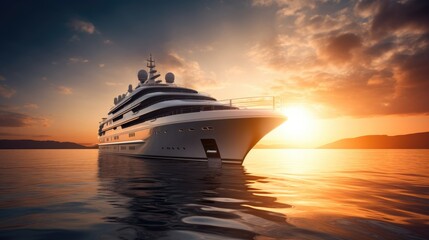 Big cruise liner sailing on a sunny evening with calm water. Giant cruise ship at sunset sailing through the sea with a cloudy orange sky on the background, Large luxury cruise ship in open sea water,