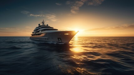 Big cruise liner sailing on a sunny evening with calm water. Giant cruise ship at sunset sailing...