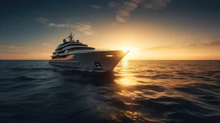 Foto op Canvas Big cruise liner sailing on a sunny evening with calm water. Giant cruise ship at sunset sailing through the sea with a cloudy orange sky on the background, Large luxury cruise ship in open sea water, © Annulus Studio