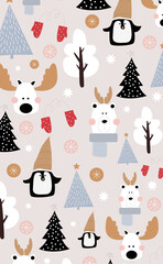 Seamless christmas pattern with bears,trees and pinguins.Funny childish festive print for textile, wrapping paper