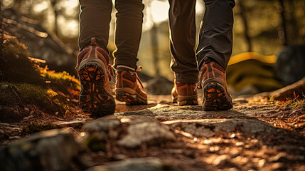 Sunset Hike in Forest. hiking concept - obrazy, fototapety, plakaty
