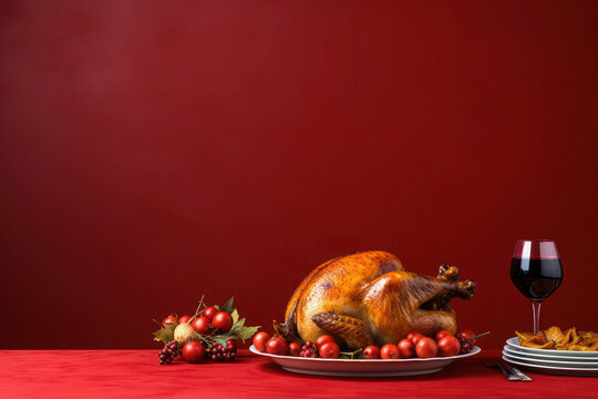 Thanksgiving Day. Roast Turkey with vegetables and fruits. holiday, wine. place for text. copy space. red background - Powered by Adobe