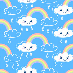Cute kawaii seamless pattern with cute rainbow, cloud. Blue sky with white clouds. Cartoon cloud vector set. Baby cute pastel colors. Vector Illustration. 