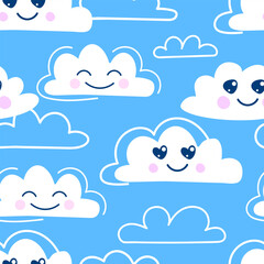 Cute kawaii seamless pattern with cute rainbow, cloud. Blue sky with white clouds. Cartoon cloud vector set. Baby cute pastel colors. Vector Illustration. 