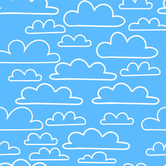 Cute kawaii seamless pattern with cute rainbow, cloud. Blue sky with white clouds. Cartoon cloud vector set. Baby cute pastel colors. Vector Illustration. 